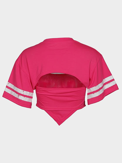 Women'S "98" Graphic Crop Top with Short Sleeves - Black, Casual Two-Piece Set with High-Waisted Jeans, Polyester Blend, Casual Attire|Graphic Crop Top|Knit Construction SS69