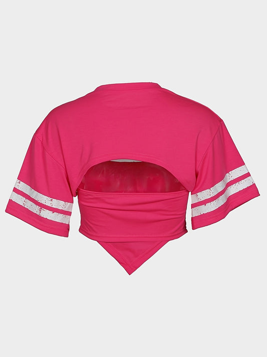 Women'S "98" Graphic Crop Top with Short Sleeves - Black, Casual Two-Piece Set with High-Waisted Jeans, Polyester Blend, Casual Attire|Graphic Crop Top|Knit Construction SS69