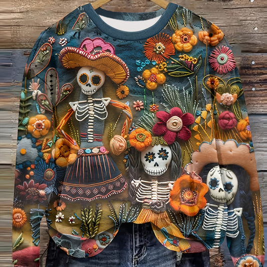 Women'S Halloween Sweatshirt - Mexican Day of the Dead Pullover with Floral & Skeleton Designs in Orange/Red/Blue/Purple/ - Cozy Fall Party Outfit for Halloween, Dia de los Muertos, Casual Attire - Year-Round Casual Sweater, SS69 22.69 Mixed Color / XXL