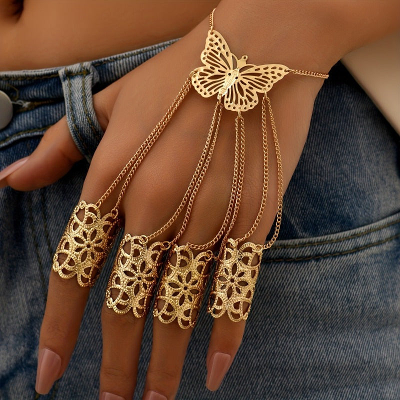 1pc Boho Punk Style 14K Golden Plated Copper Hand Chain, Exaggerated Butterfly Finger Ring Bracelet for Women, Versatile Jewelry for Daily and Banquet Occasions, All-Season Accessory SS69