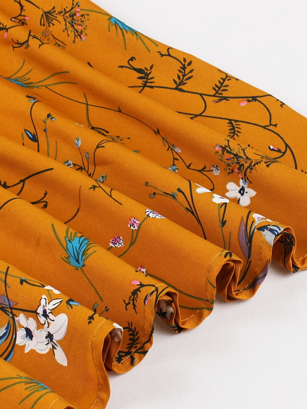 [Vintage Print Midi Dress] Orange Vintage-Inspired Print Midi Dress - Puff Sleeves, Round Neck, Elastic Waist & Belt Detail, Machine Washable Polyester SS69