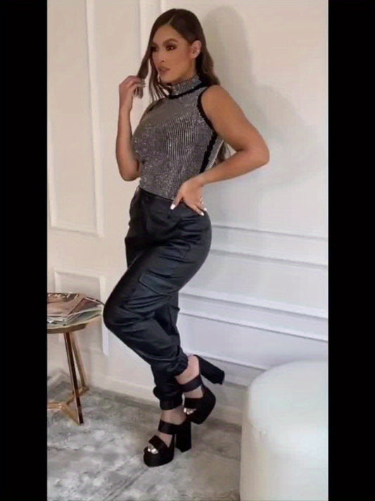 [Stretchy Cargo Jeans] High-Rise Women's Stretchy Black Cargo Denim Jeans - Multi-Pocket Design, Glossy Finish, Comfort Fit, Polyamide Fabric, Versatile Denim, Street Style SS69