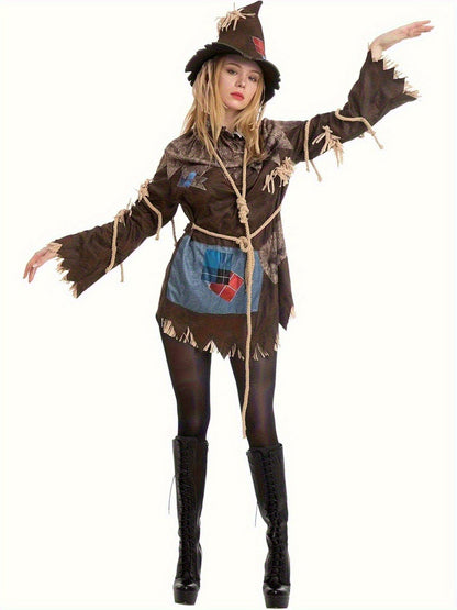 Women's Scary Scarecrow Costume with Hat & Dress - Complete Halloween Outfit with Straw-like Hair, Fake Drawstring Neck Ruffle Collar & Waist Rope - 100% Polyester Durable Costume for Halloween Parties, Themed Events, Wizard SS69