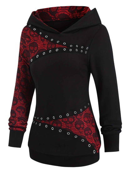 Women's Gothic Retro Skull & Lace-like Hooded Sweater - Black & White Color-Block Long Sleeve with Metal Grommet Eyelets, Slim-Fit Winter Warm Pullover, Machine Washable for Casual & Costume Outfits