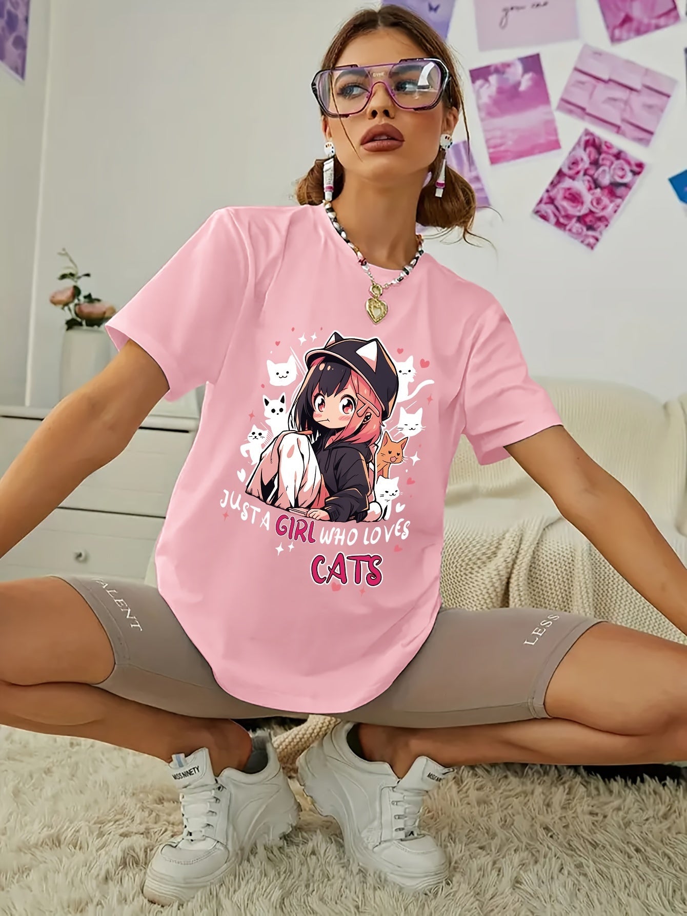 Anime Print T-shirt, Casual Short Sleeve Crew Neck Top For Spring & Summer, Women's Clothing SS69