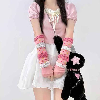 1 Pair Women'S Y2K Kawaii Harajuku Striped Fingerless Gloves - Soft Stretchy Winter Arm Warmers with Decorative Ribbons, & Mosquito Proof, Machine Washable Casual Outfit Accessories, Winter Gloves, Cold Weather Gear, Playful