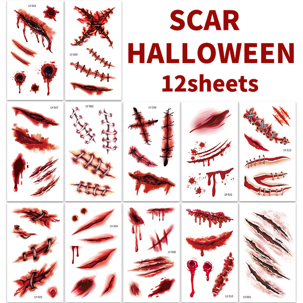12 Sheets Halloween 3D Fake & Bloody Wound Temporary Tattoos for Adults - Realistic Horror Face & Body Paint with Lip, Jaw, Neck, Back, Leg Designs - Safe Non-Permanent Tattoo Makeup for Zombie Cosplay, Costume Parties & Pran SS69 9.69 12Sheets Autumn Festival Tattoos