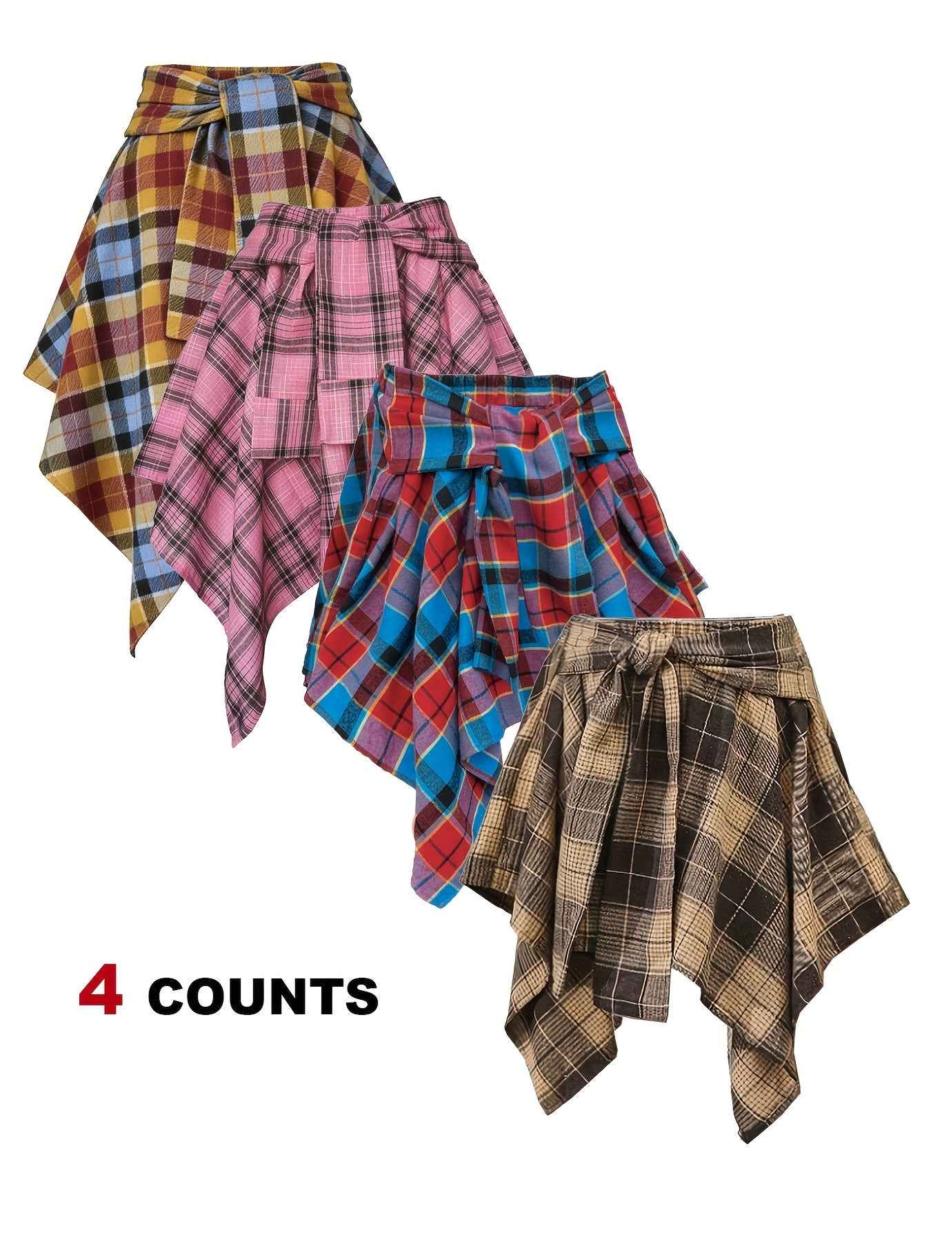 Plus Size - Plus Size - 4-Pack Plus Size Pleated Plaid Skirt | Women High Waist A-Line Elastic Waist Midi Skirt Casual Vintage Checkered Skirt With Slight Stretch Fabric