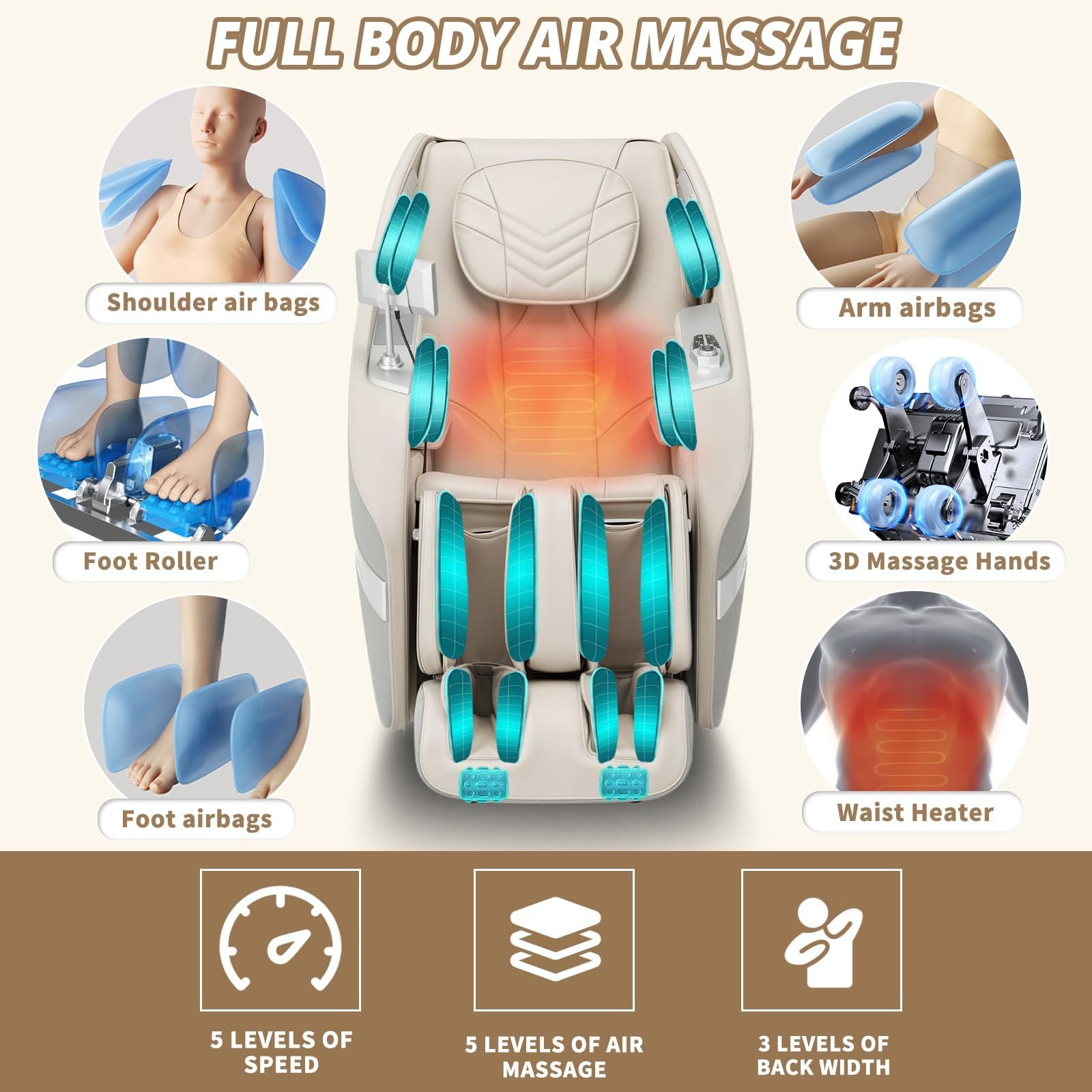 3D Massage Chair Full Body Zero Gravity Recliner - with Heated Heat, 12 Auto Massage Modes, Shiatsu Foot Massage, with 55" SL Track, 28 Airbags Massage, Foot Roller SS69