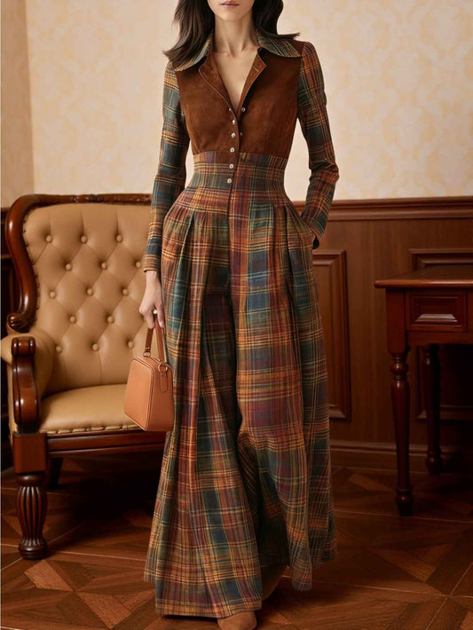 Women's Brown Plaid Patchwork Button-Front Jumpsuit - High-Waisted Wide-Leg Elegant Bohemian Romper for Vintage Parties, Art Exhibits & Fall/Winter Events | Hand Washable Non- Outfit