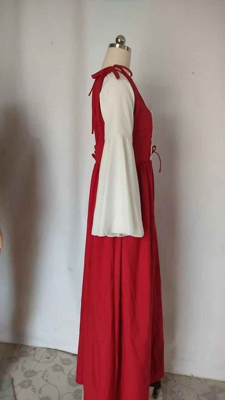 [Elegant Medieval Costume] Elegant Women's Medieval Two-Piece Costume - Renaissance Drama Outfit with Corset-like Bodice & Long Flowing Skirt | Halloween, Renaissance Faire, Themed Parties | Burgundy/White, Black/White, Green