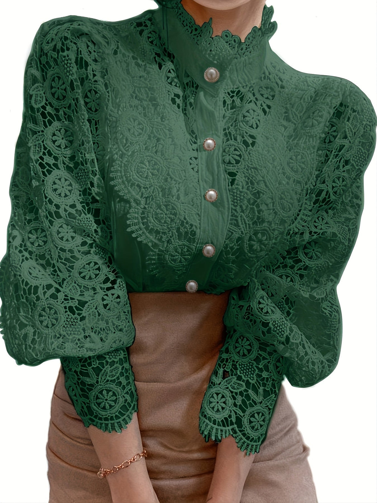 [Pearl Button Blouse] Pearl Button Elegant Victorian-Inspired Lace Blouse - Long Sleeve Mock Neck Green Polyester Pleated Design for Women, Perfect for Halloween Cosplay & Gothic Fashion SS69