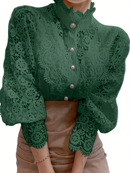 [Pearl Button Blouse] Pearl Button Elegant Victorian-Inspired Lace Blouse - Long Sleeve Mock Neck Green Polyester Pleated Design for Women, Perfect for Halloween Cosplay & Gothic Fashion SS69