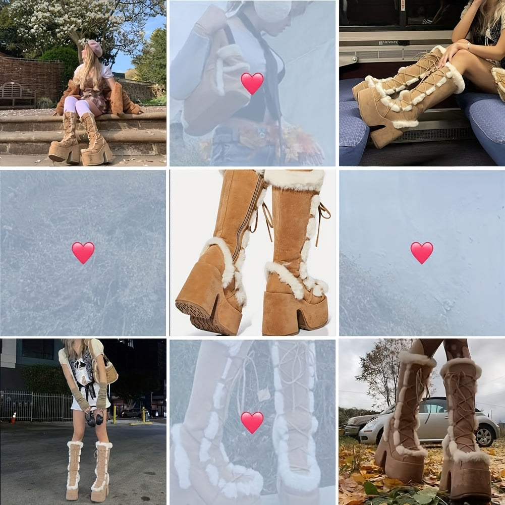 Womens Winter Punk Goth Boots - Faux Fur Lined, Side Zipper, Lace Up, Chunky Heel, Platform, Warm, Knee High, Mid Calf, Block Heel, Snow Walking Boots For Women SS69