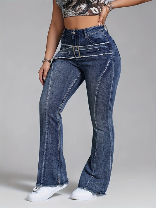 Plus Size Medium Stretch Vintage Style 1pc Flare Leg Jeans for Women, Polyester Blend, Raw Hem Detail, All-Season Solid Color Woven Denim with Decorative Belt Loops SS69