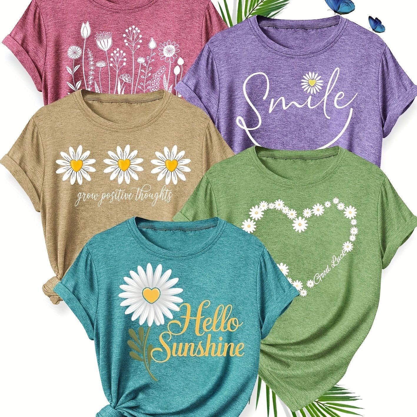 5pcs Women'S Casual Crew Neck Short Sleeve T-Shirts - Floral, Heart, and Smile Print Designs in Purple, Green, Pink, and Blue - Soft Stretch Fabric for Spring, Summer, and Fall, Plus Sizes Available, Plus Size Tee | Floral Pr SS69 48.69 Brick Red Khaki Peacock Blue Purple Grass Green /