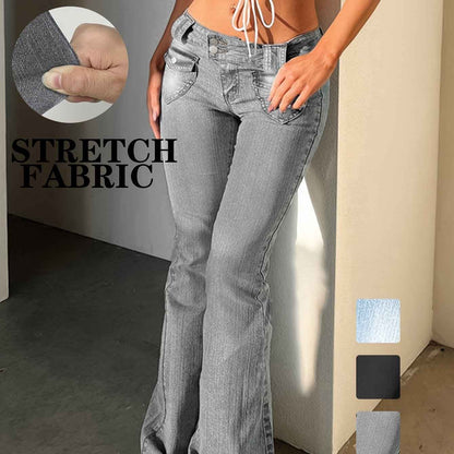 Women's Vintage Y2K Low-Rise Slim-Fit Flared Bell-Bottom Jeans Pants - Full-Length -Sweeping Trousers with Internal Zipper Closure, Machine Washable Retro for Casual Streetwear (Spring Summer Fall)