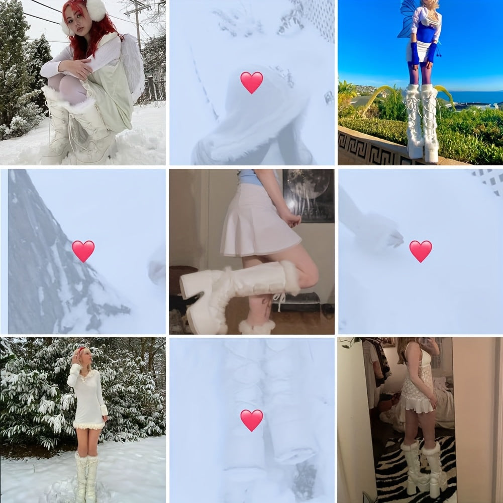 Womens Winter Punk Goth Boots - Faux Fur Lined, Side Zipper, Lace Up, Chunky Heel, Platform, Warm, Knee High, Mid Calf, Block Heel, Snow Walking Boots For Women SS69