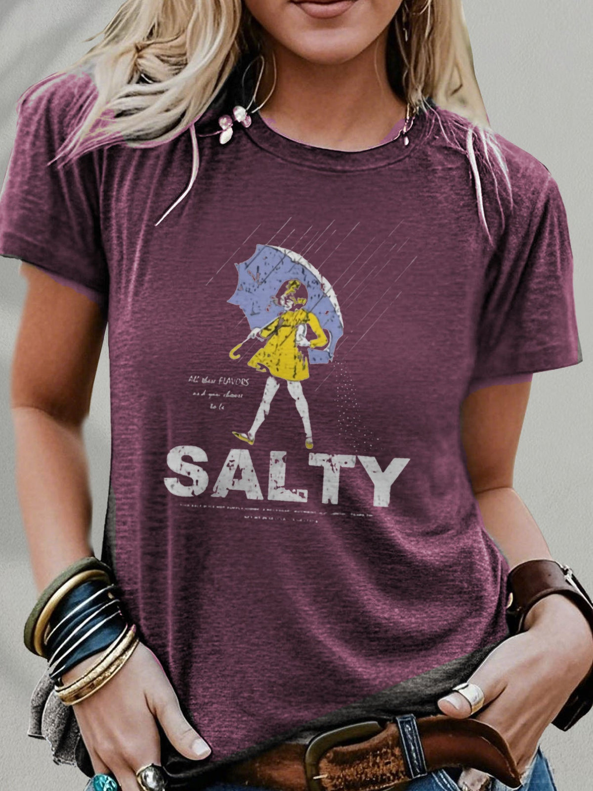 Salty with Umbrella Graphic Tee - Vintage Style Summer Beachwear for Trendy Women, Perfect for Vacation and Everyday Wear, ed T-shirt SS69