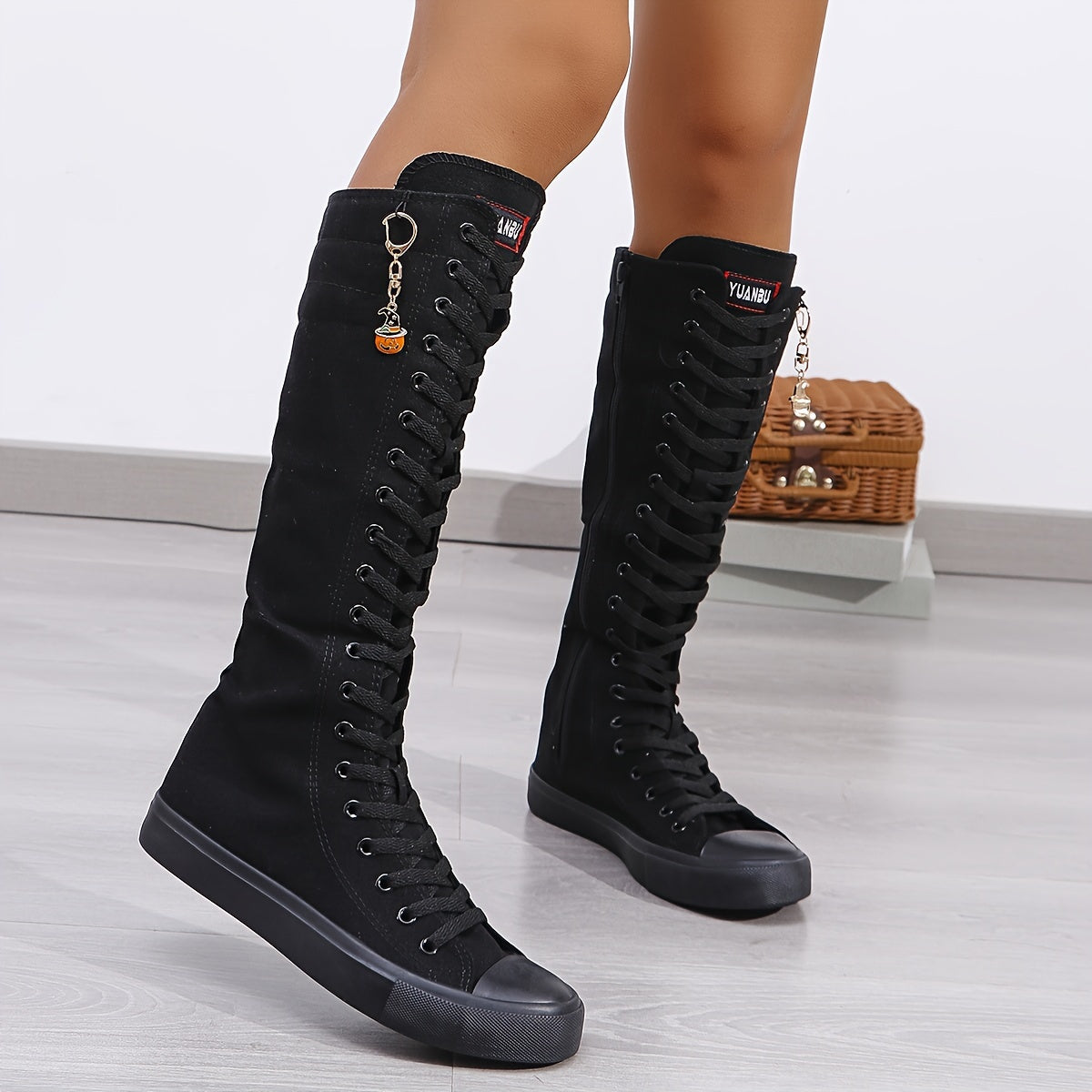 YUANBU Women'S Stylish Black Knee-High Boots with Colorful "YUANBU" Lettering - Casual Flat Sole, Side Zipper, Lightweight Sneakers for Halloween, Parties & Daily Wear, Sizes 5-12, Halloween Shoes SS69 42.69 Black / US 10