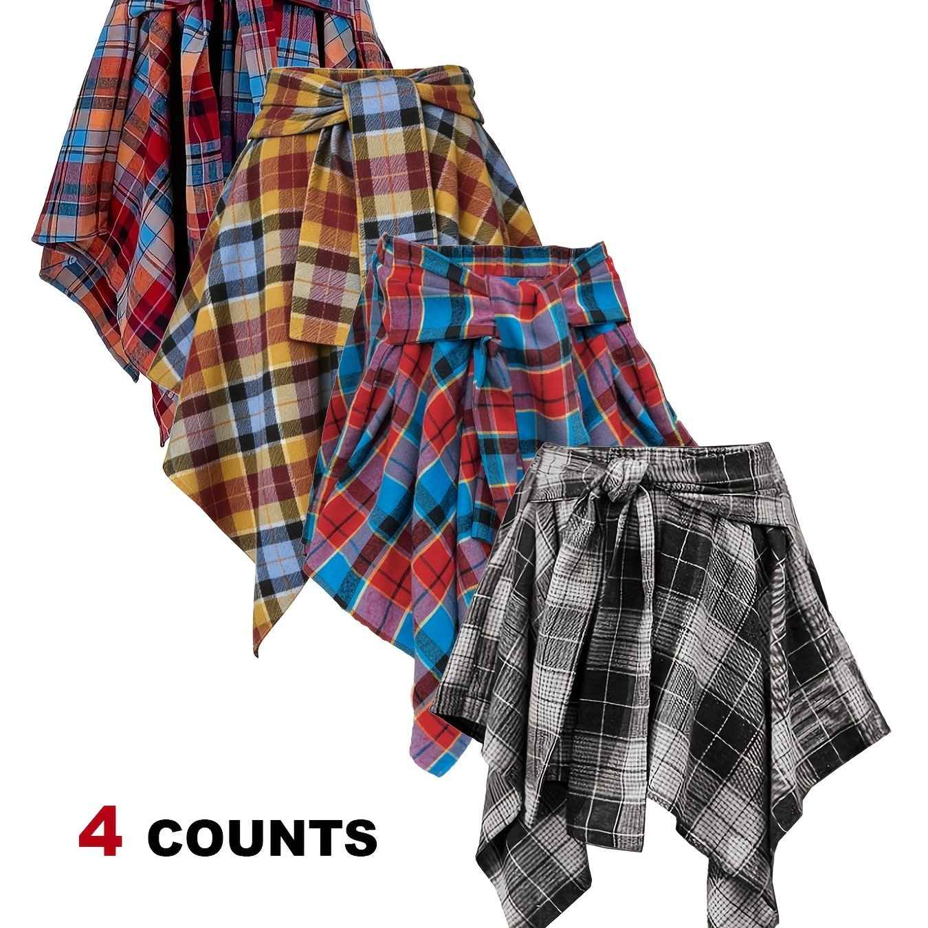 Plus Size - Plus Size - 4-Pack Plus Size Pleated Plaid Skirt | Women High Waist A-Line Elastic Waist Midi Skirt Casual Vintage Checkered Skirt With Slight Stretch Fabric