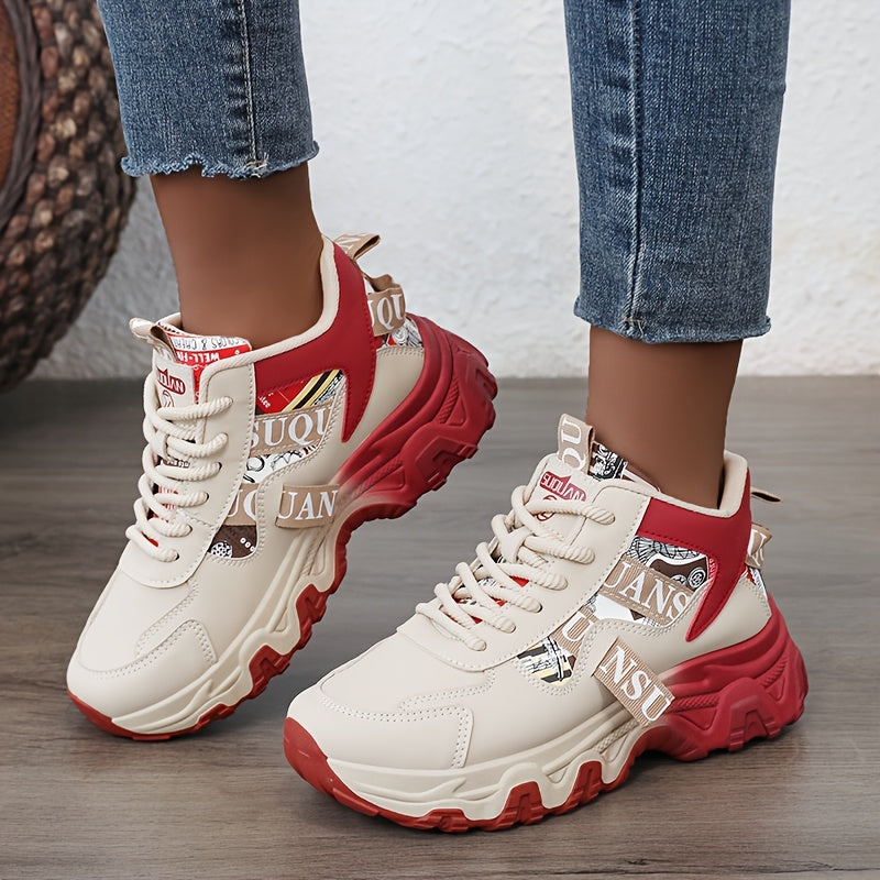 Women'S 2025 Spring/Summer High-Top Sneakers - Casual, Breathable, Thick Sole Running Shoes with Lace-Up Closure, Synthetic Upper, PVC Sole, and Stylish Red & Beige Design for Outdoor Activities, Casual Footwear | Trendy Casu SS69