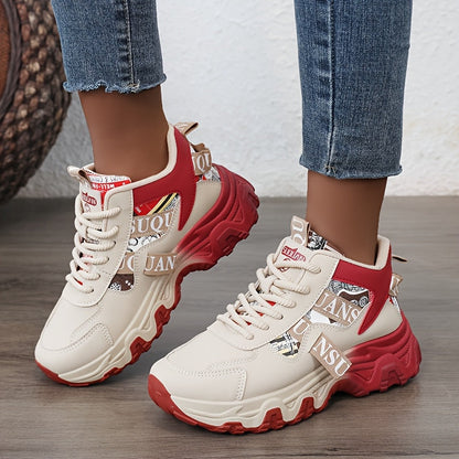 Women'S 2025 Spring/Summer High-Top Sneakers - Casual, Breathable, Thick Sole Running Shoes with Lace-Up Closure, Synthetic Upper, PVC Sole, and Stylish Red & Beige Design for Outdoor Activities, Casual Footwear | Trendy Casu SS69
