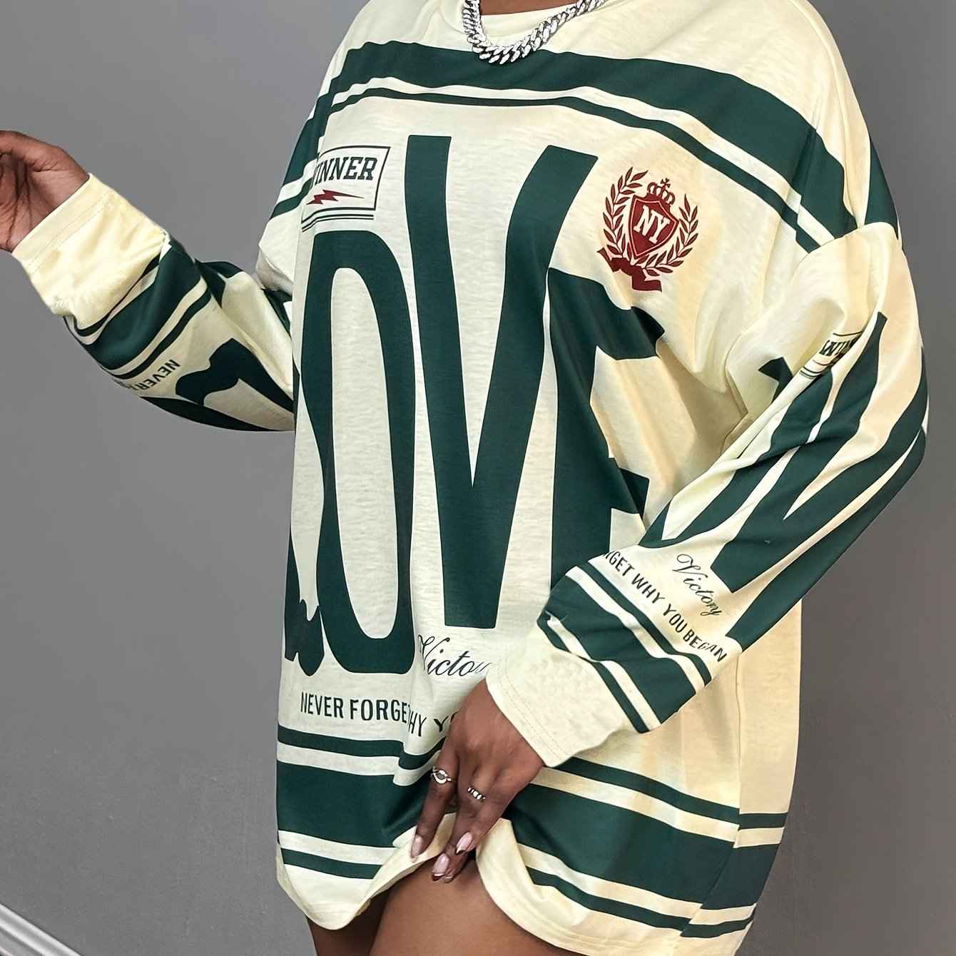 Plus Size - Plus Size - Plus Size - Plus Size - Plus Size Women'S Oversized "LOVE" Letter Print Long Sleeve T-Shirt - Casual Streetwear Style with Pink & Stripes, Comfortable Fabric For All Seasons, Versatile Fashion Top, Plu