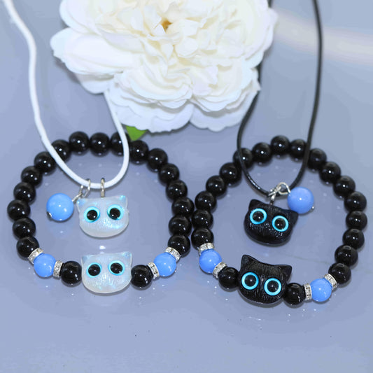 4pcs Light Up Cat Bead Bracelet + Multi-Layer Necklace, Vintage Cute Couple/ Friendship Light Up Adjustable Jewelry, Stretchy Black Bead Bracelet with Cat Decoration, Halloween/ Back-to-School Season SS69