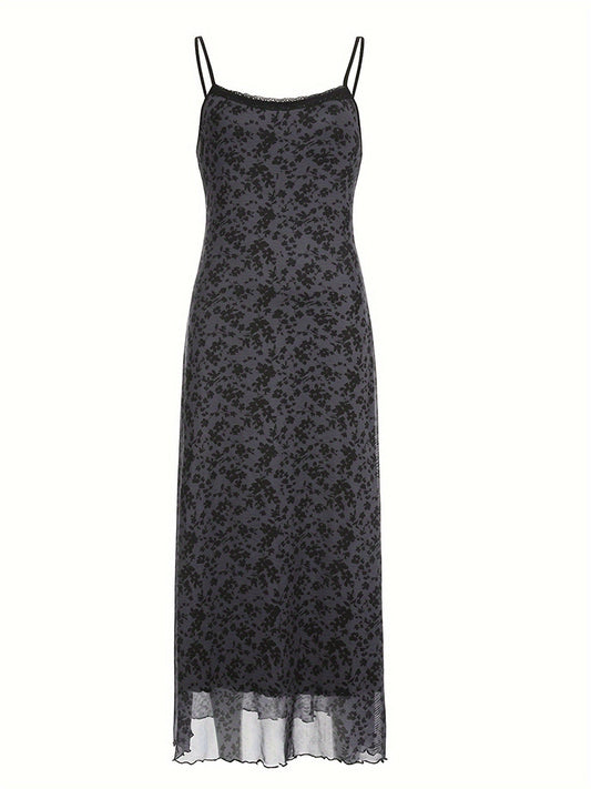 [Vintage Floral Dress] Floral Mesh Patchwork Long Dress - Slim Fit Vintage Style for Japanese and Korean Street Fashion SS69