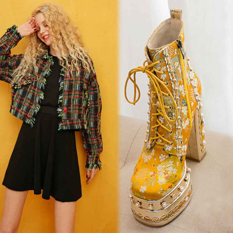 High Quality Platform Super High Heel Strap Rivet Women Thick Sole Heightening Wedding Boots Perfect for Dressy Occasions, Party Footwear, Sleek Design, Durable Construction, Stylish Footwear, Fashion Lovers, High Heel Bootie