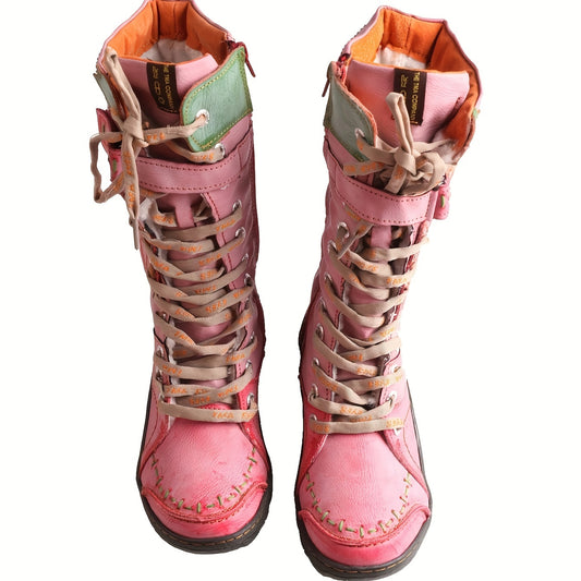 [Vintage Winter Boots] TMA EYE Vintage Winter Non-Slip Leather Boots, Powder-Coated Color-Blocking Fleece Mid-Calf Long Boots, Flat Thick-Soled Hiking Boots - SS69