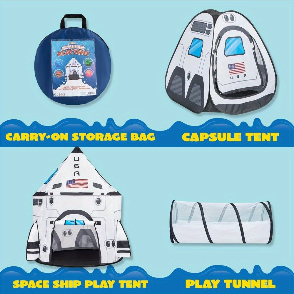 White Rocket Ship Pop up Play Tent with Tunnel for Kids, Playhouse Kids Indoor Outdoor Spaceship Tent Set, birthday gifts for boys and girls