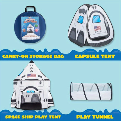 White Rocket Ship Pop up Play Tent with Tunnel for Kids, Playhouse Kids Indoor Outdoor Spaceship Tent Set, birthday gifts for boys and girls