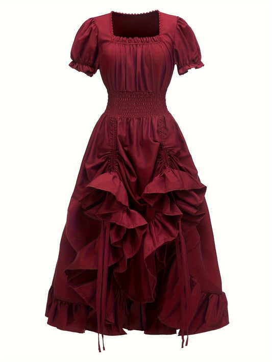 Renaissance Victorian Vintage Square Neck Short Sleeve Dress - Light Blue A-Line Umbrella Skirt with Ruffled Layers, Elegant Cosplay Costume for Halloween, Themed Parties & Special Occasions, Halloween Costumes, Sophisticated SS69