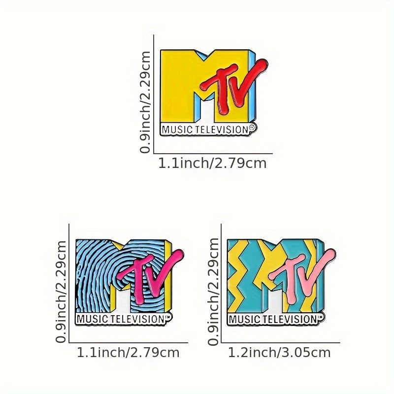3pcs MTV Cartoon-Inspired Alloy Brooch Pins - Vibrant, Colorful Music Television Metal Badge Accessories, Cute and Versatile for Casual Attire SS69