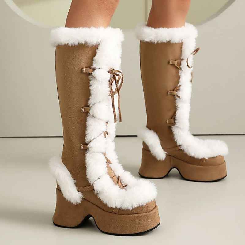 Women's Y2K Goth Boots/Faux Fur Knee-High Platform Winter/Chunky Heel & Lace-Up Closure/Warm Pink Furry Collar/Square Toe/Thick Rubber Sole & PU Cover/Cozy Snow Boots for Christmas, Parties & Casual Attire/Cold Weather Footwe