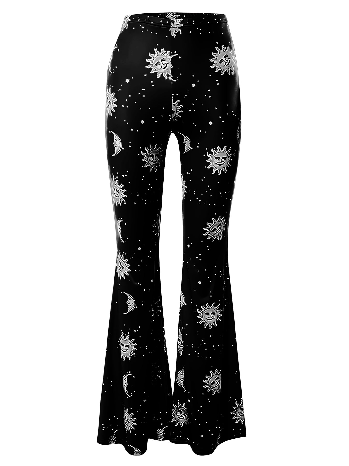 Polyester Spandex Blend Flare Leg Pants - Galaxy Moon Sun Print - Young Style for Adult Women - Spring/Fall Season - SS69