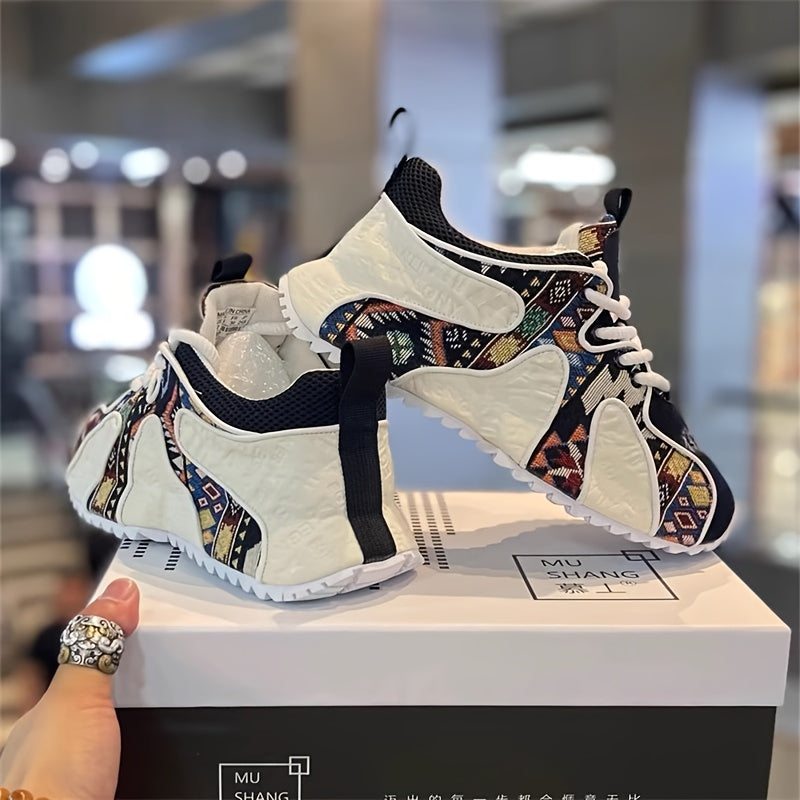 Men's Colorful Geometric Print Chunky Sneakers - Stylish Athletic & Casual Shoes with Thick PVC Sole, Breathable Fabric Lining, and Durable PU Upper for All-Day Comfort SS69