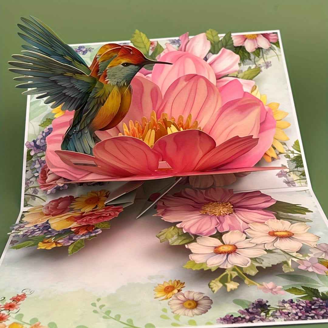 1pc Floral Hummingbird Design Pop-Up 3D Greeting Card with Envelope, Cartoon Theme, Suitable for Teachers/Students/Friends/Colleagues/Grandparents/Parents/Sisters/Wives/Daughters/Granddaughters/Girlfriends/She