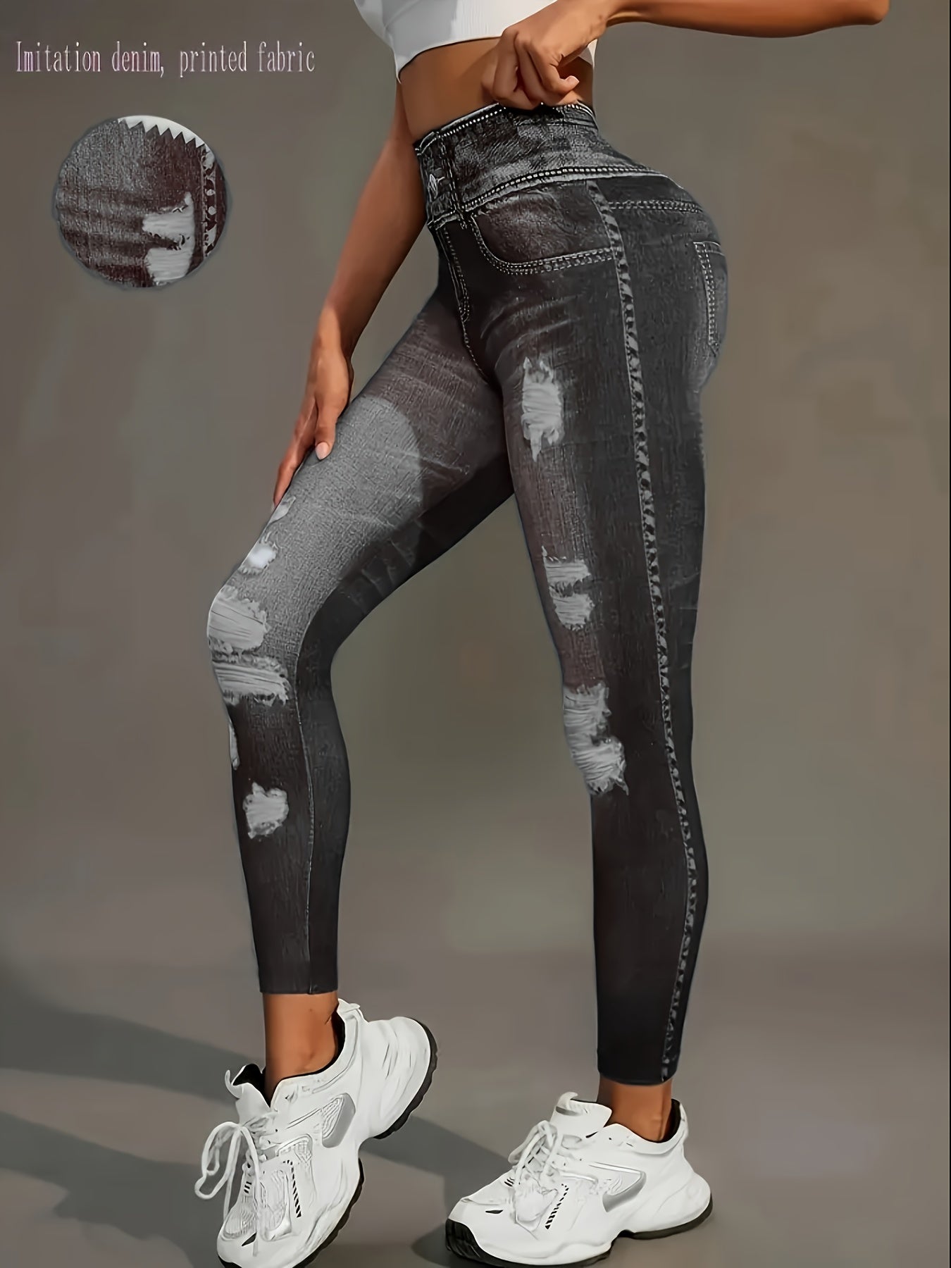 [Denim Print/Imitation Denim] Women's Imitation Denim Print Pants - Stretchy Polyester-Spandex Blend, Full-Body Distressed Design, Faux Pocket, Mid-Rise 9" Length, All-Season Casual & Leggings SS69