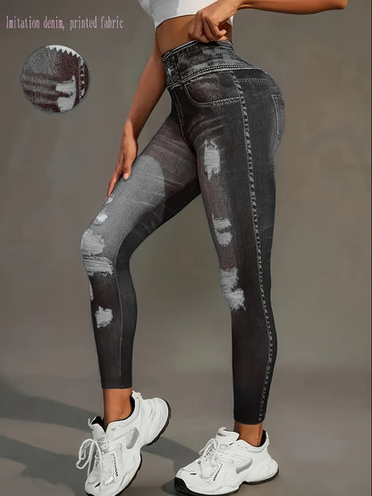 [Denim Print/Imitation Denim] Women's Imitation Denim Print Pants - Stretchy Polyester-Spandex Blend, Full-Body Distressed Design, Faux Pocket, Mid-Rise 9" Length, All-Season Casual & Leggings SS69