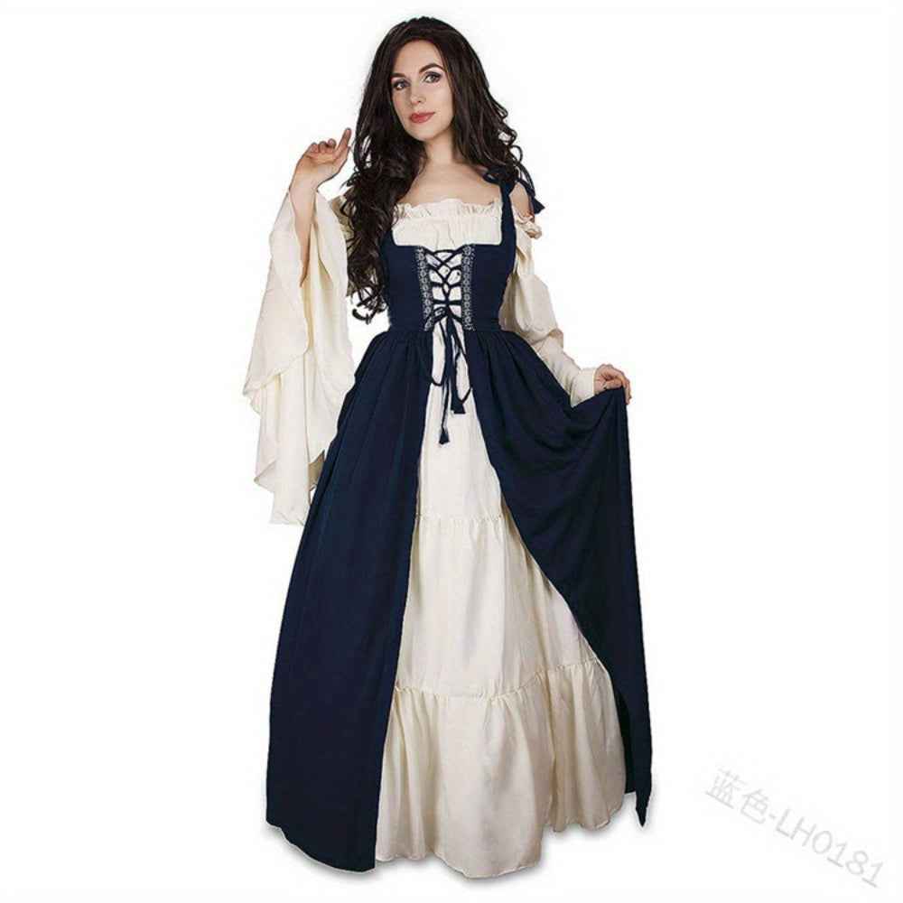 [Elegant Medieval Costume] Elegant Women's Medieval Two-Piece Costume - Renaissance Drama Outfit with Corset-like Bodice & Long Flowing Skirt | Halloween, Renaissance Faire, Themed Parties | Burgundy/White, Black/White, Green
