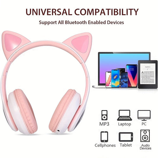 Wireless & Wired Foldable Cat Ear Over-Ear Gaming Headset With LED Lights - Hi-Fi Stereo, Detachable Audio Cable, Built-in Mic, USB Rechargeable, Perfect Gift For Anime & Gaming Girls SS69