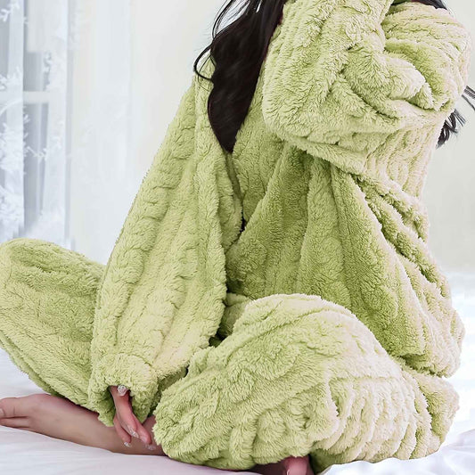 Solid Color Plus Size Women's Cozy Fleece Pajama Set - Soft Long Sleeve Round Neck Top & Pants, Casual Style, Perfect for Fall/Winter, Comfortable Sleepwear|Casual Style Pajamas|Soft Fleece Material