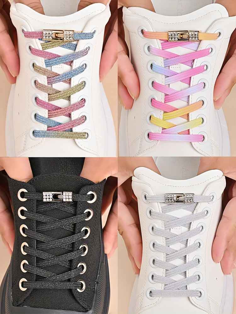 1pair Free-Tie Shoelaces With Rhinestone Buckles, Fashion Elastic Lazy Shoelaces For Sneakers Canvas Shoes Skate Shoes, Women & Men