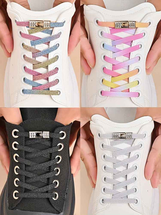 1pair Free-Tie Shoelaces With Rhinestone Buckles, Fashion Elastic Lazy Shoelaces For Sneakers Canvas Shoes Skate Shoes, Women & Men