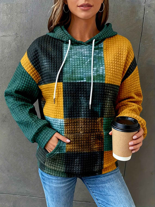 [Comfortable Casual Outfits] Plus Size Hoodie - Women's Color Block Pullover, Green/Yellow/Brown, Drawstring Hood & Front Pocket, Loose Fit Long Sleeve Sweatshirt for Fall/Winter