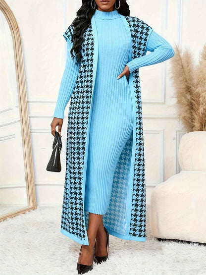 Women's Elegant Houndstooth Print Cardigan Vest - Oversized Collar Long Sleeveless Jacket, Black/White/Yellow/Beige, Fall Winter Warm Coat, Machine Washable Blazer for Casual & Formal Wear