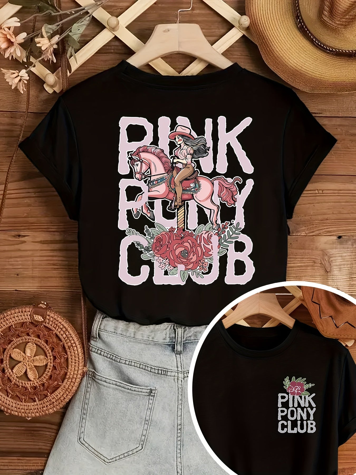 Fashionable Casual Short-Sleeve Summer T-Shirt for Women with a Round Neck, Featuring a Printed Design of a Western Cowgirl on The Front And Back. SS69